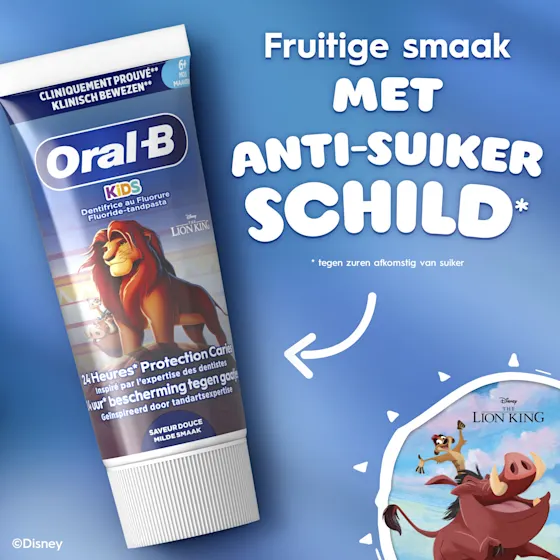 Oral-B Kids tandpasta met fluoride, 24 uur bescherming tegen cariës, en The Lion King afbeelding.