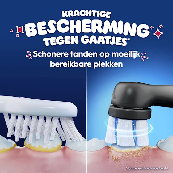 Oral-B iO Kids elektrische tandenborstel, met Spiderman-ontwerp, voor kinderen van 6 jaar en ouder, getoond bij de verpakking.