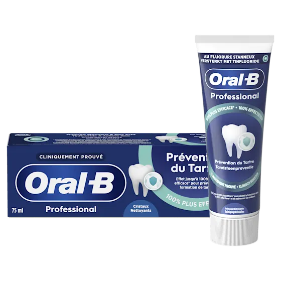 Oral-B Professional tandpasta, met de claim "100% effectiever" in het voorkomen van tandsteen, volgens de verpakking.
