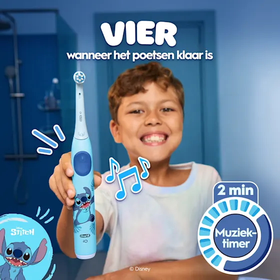 Oral-B iO Kids elektrische tandenborstel met Disney Stitch, aanbevolen voor 6+ jaar en goedgekeurd door EAPD.