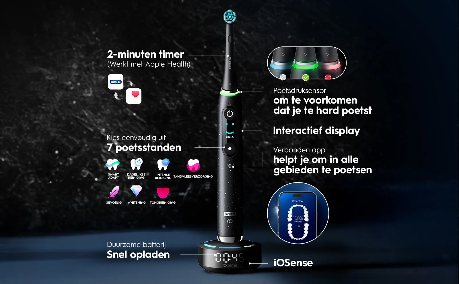 Oral-B elektrische tandenborstel met 7 poetsstandem, druksensor, timer en app-verbinding. 