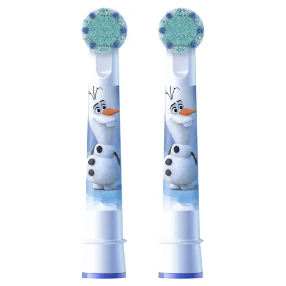 Oral-B Pro Kids 3+ opzetborstels, verpakking met Disney Frozen afbeelding en 2 opzetborstels met Olaf-design.