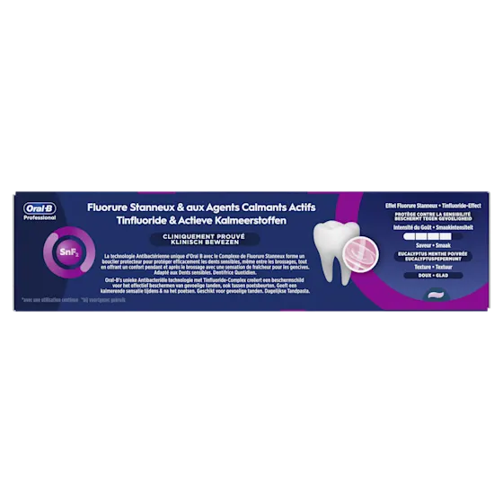 Oral-B Professional tandpasta voor gevoelige tanden, met de claim 'Bescherming tegen Gevoeligheid'.