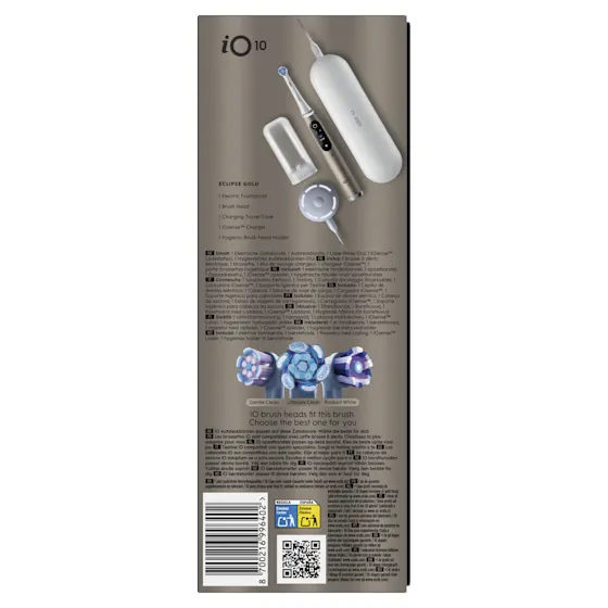 Oral-B iO 10 Ultimate Eclipse Gold tandenborstel, inclusief oplaadstation, reisetui en opzetborstelbeschermer.
