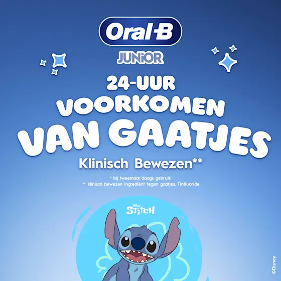 Oral-B Junior-tandpasta, met afbeeldingen van Stitch, biedt 24 uur bescherming tegen gaatjes.