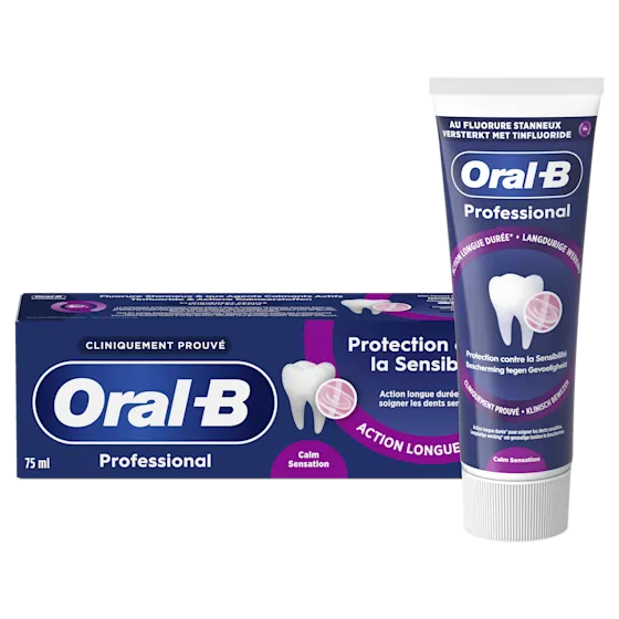 Oral-B Professional tandpasta voor gevoelige tanden, met de claim 'Bescherming tegen Gevoeligheid'.