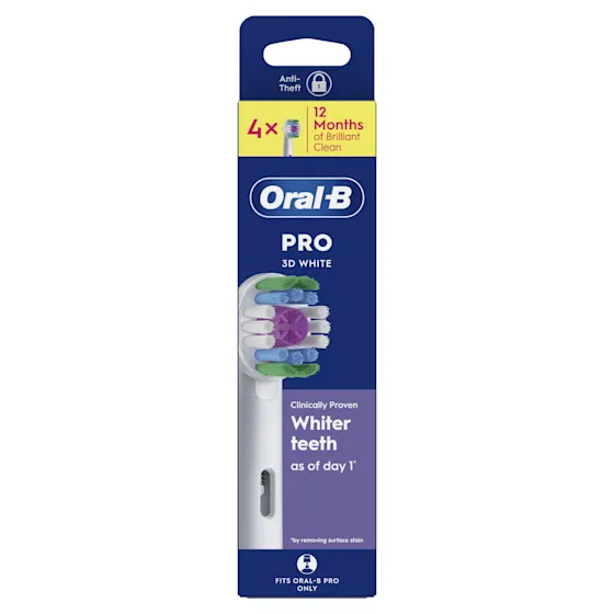 Oral-B PRO 3D WHITE opzetborstels (4x) met vermelding: Wittere tanden vanaf dag 1.