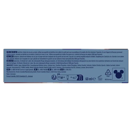 Oral-B Kids tandpasta met fluoride, 24 uur bescherming tegen cariës, en The Lion King afbeelding.
