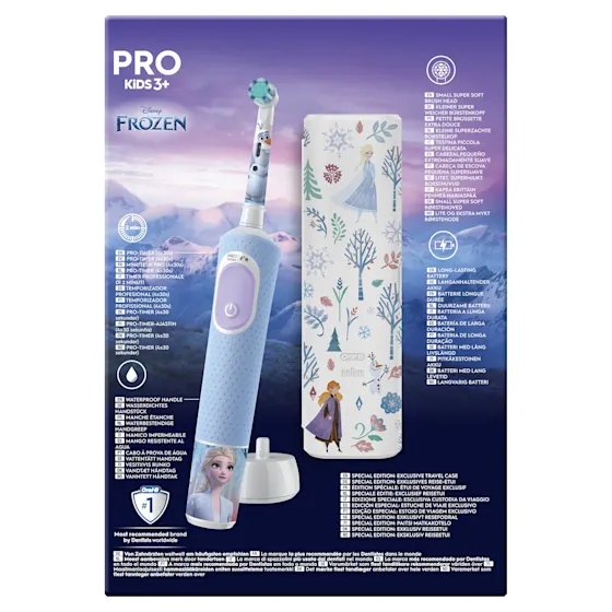 Oral-B Disney Frozen Pro Kids 3+ elektrische tandenborstel, verpakking benadrukt dat deze door tandartsen wereldwijd als nummer 1 wordt gebruikt.