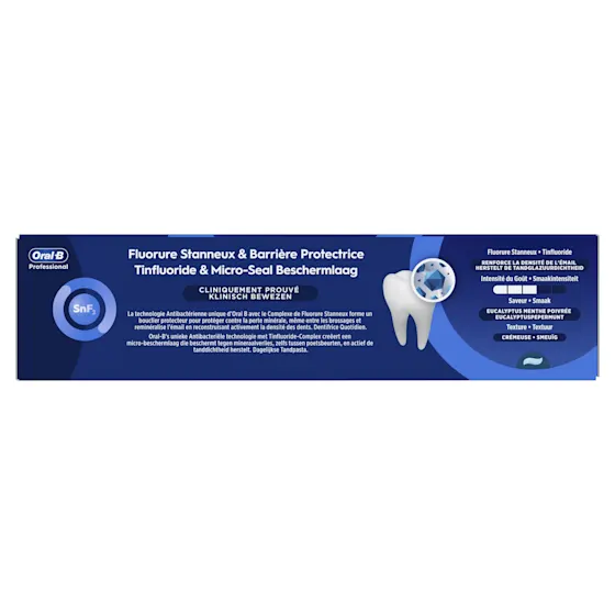 Oral-B Professional tandpasta, met de claim "Glazuurversterking vanaf de 1e poetsbeurt" prominent weergegeven op de verpakking.