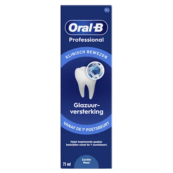 Oral-B Professional tandpasta, met de claim "Glazuurversterking vanaf de 1e poetsbeurt" prominent weergegeven op de verpakking.