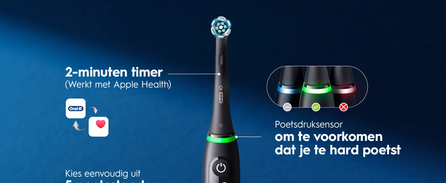 Oral-B elektrische tandenborstel met timer, druksensor en gekleurde indicatielampjes. 