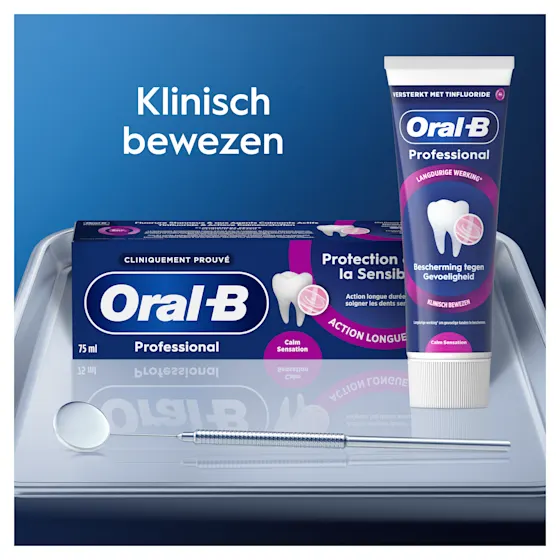 Oral-B Professional tandpasta voor gevoelige tanden, met de claim 'Bescherming tegen Gevoeligheid'.