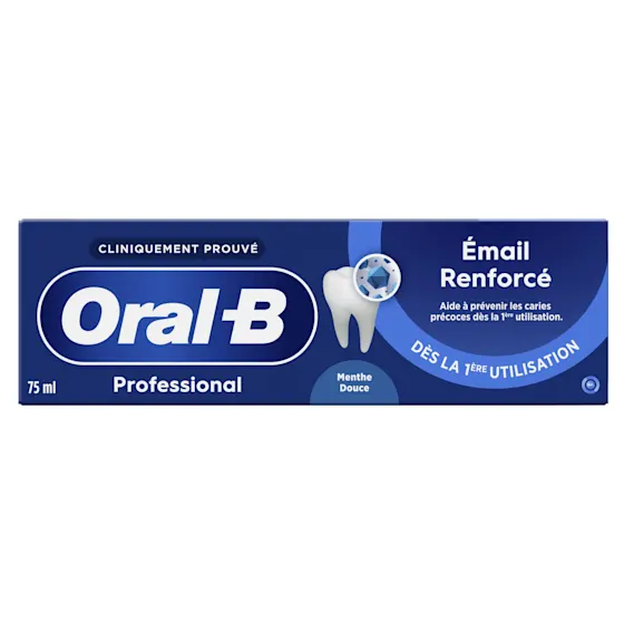 Oral-B Professional tandpasta, met de claim "Glazuurversterking vanaf de 1e poetsbeurt" prominent weergegeven op de verpakking.