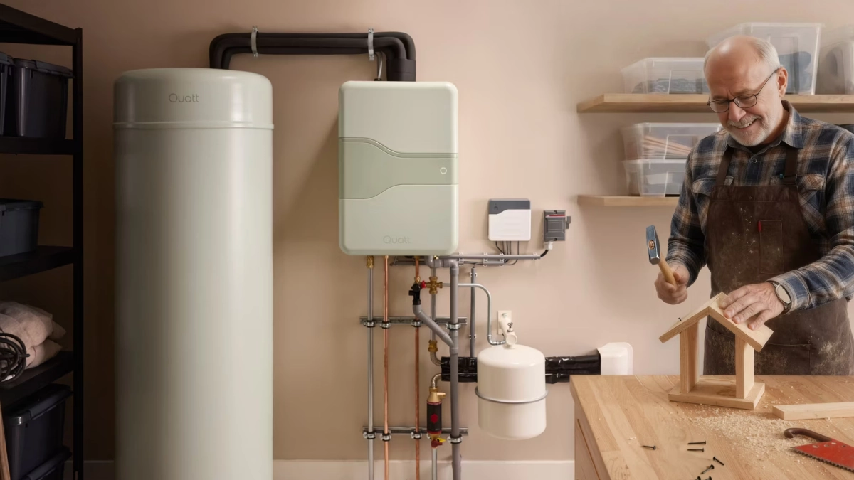 Quatt 7kw all electric met boilervat in de klusruimte van een oudere man