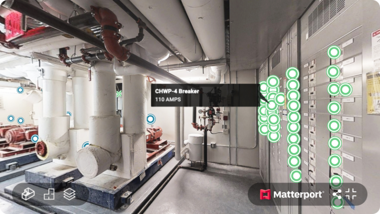 A Matterport model of a factory with labels on the wall panels.