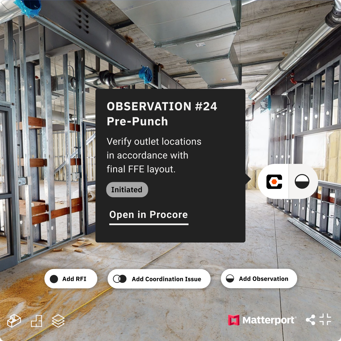 A Procore note in a Matterport model of a building under construction