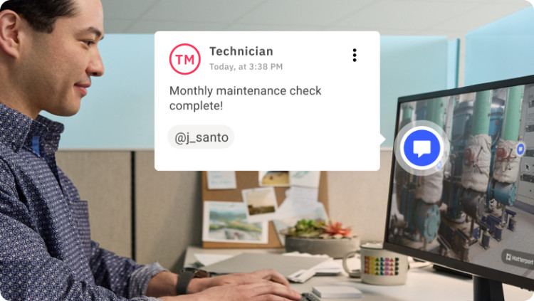 Man sitting at a computer writing a Mattertag with the text "Monthly maintenance check complete!"