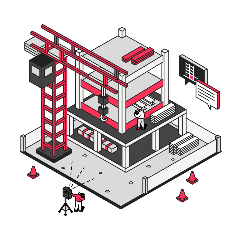 Stylized illustration of construction workers collaborating on a building