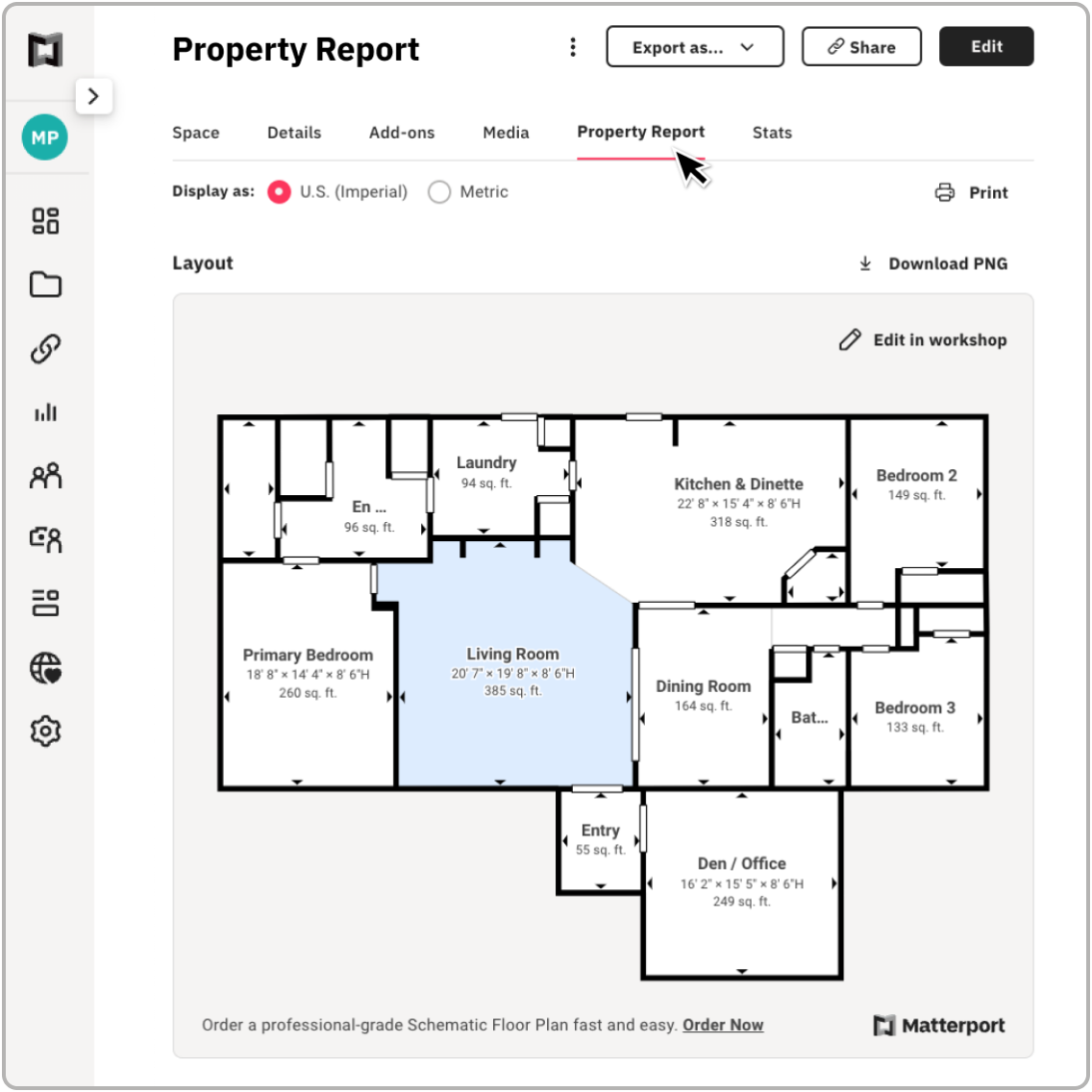 Детали отчета о собственности в модели дома Matterport