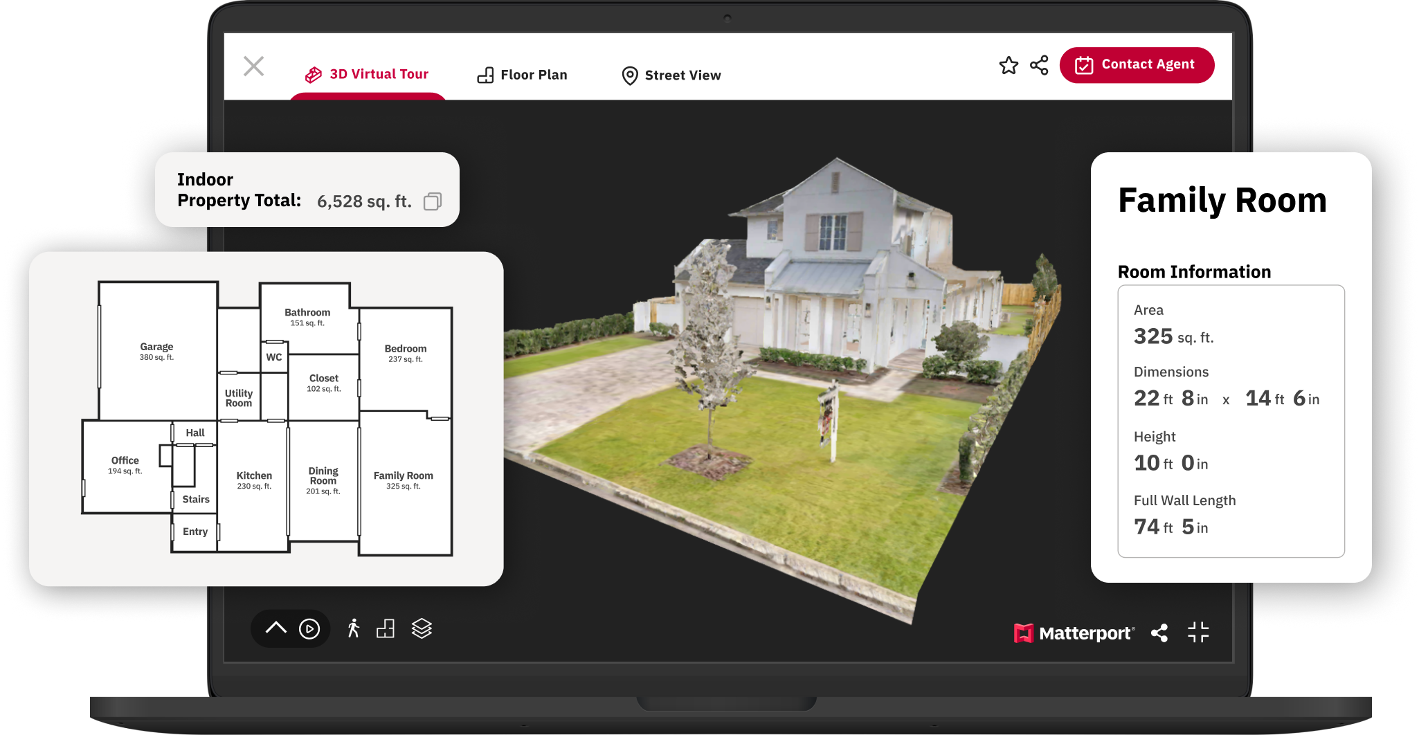 A laptop showing a Matterport model with a Floor Plan and room information superimposed over the screen.