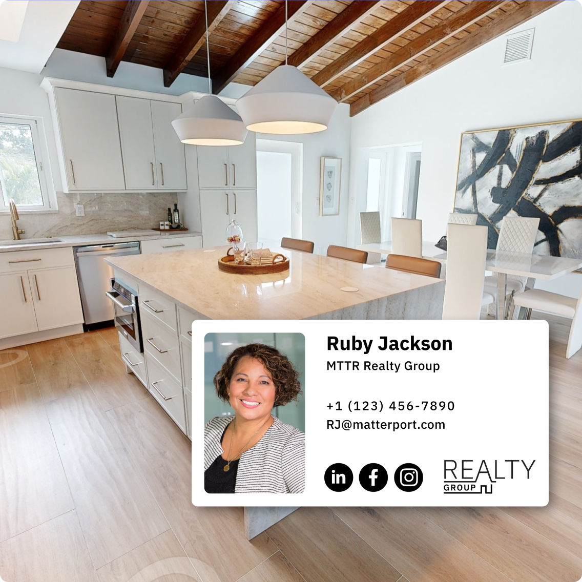 An agent's business card superimposed over a Matterport model showing a kitchen.