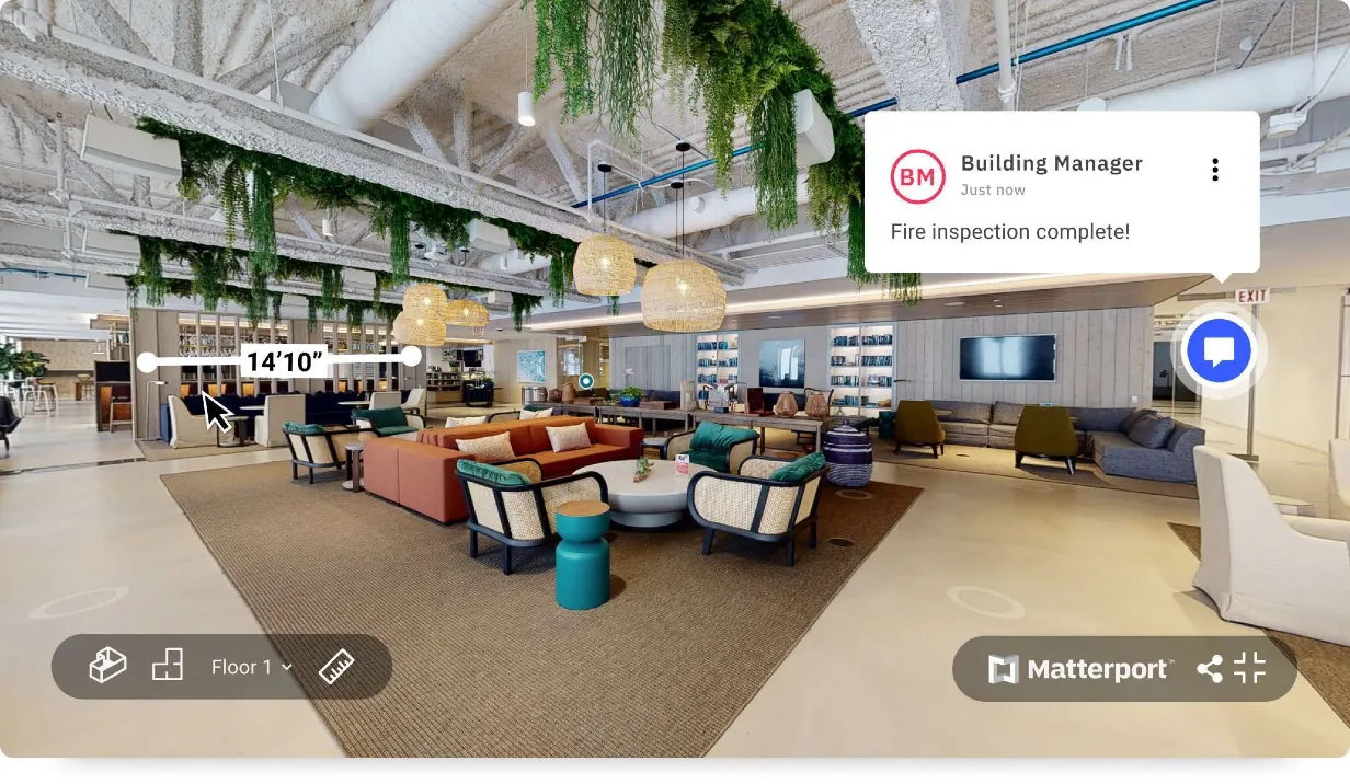 Matterport model demonstrating shared comments, measurement mode, and floor plans.