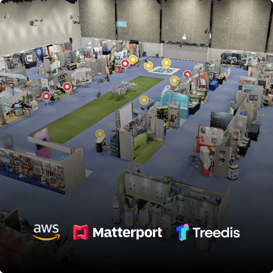 A Matterport model with the AWS, Matterport, and Treedis logos at the bottom