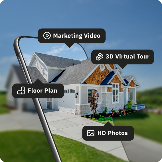 A house "popping" out of a phone with the labels "Floor Plan", "Marketing video", "3D Virtual Tour" and "HD Photos"
