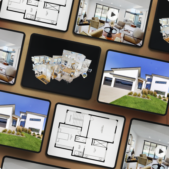 A collage of laptop screens featuring a house, a floor plan, and a dollhouse view of a Matterport model