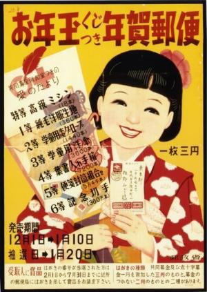 [Image: Poster advertising the first New Year’s postcard lottery from 1949. Postal Museum Japan.]