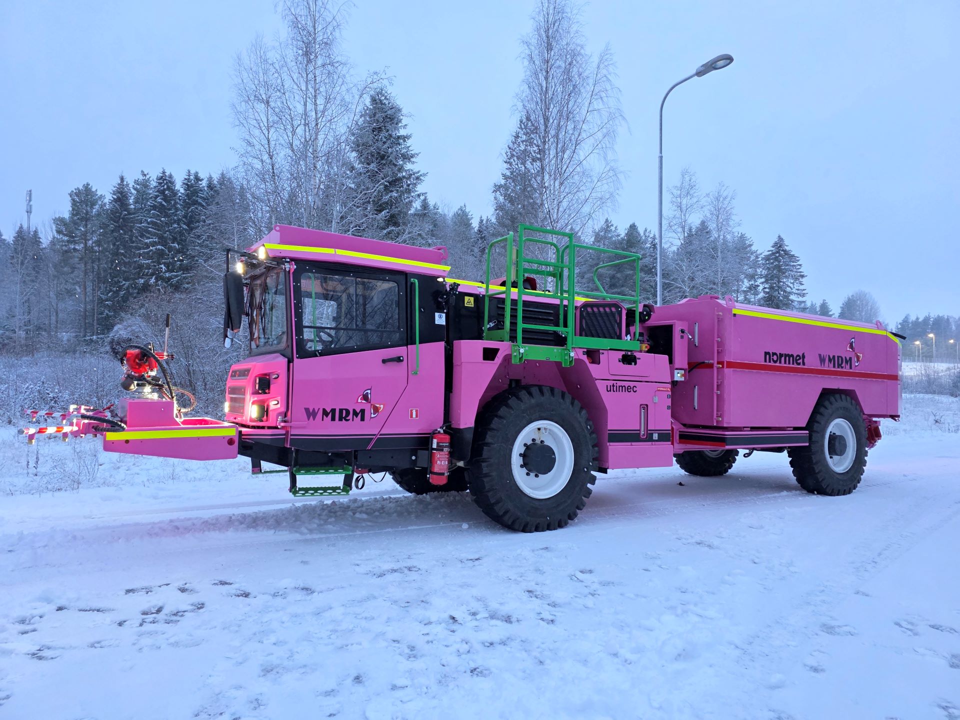 A pink Utimec LF 1000 Water in snowy Iisalmi, Finland, ready for Oyu Tolgoi in support of WMRM.