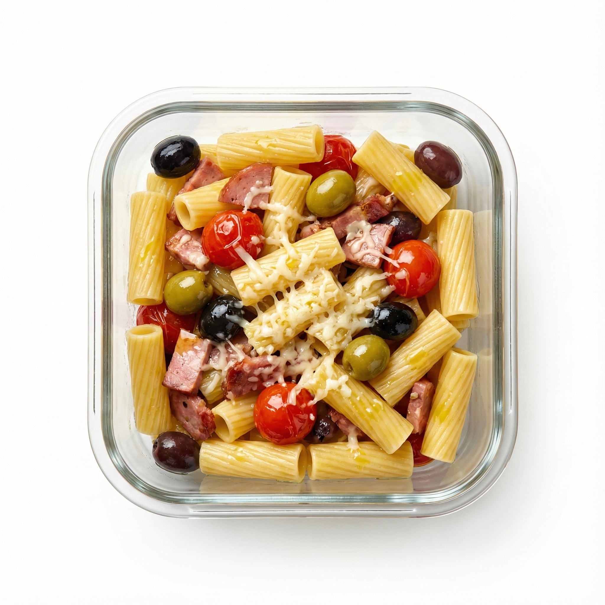 Rigatoni con mortadela y paleta a la siciliana con aceitunas