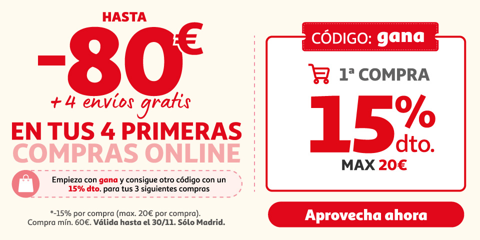 Disfruta 80€ de descuento en tus primeras compra online en Madrid y cuatro envío gratis