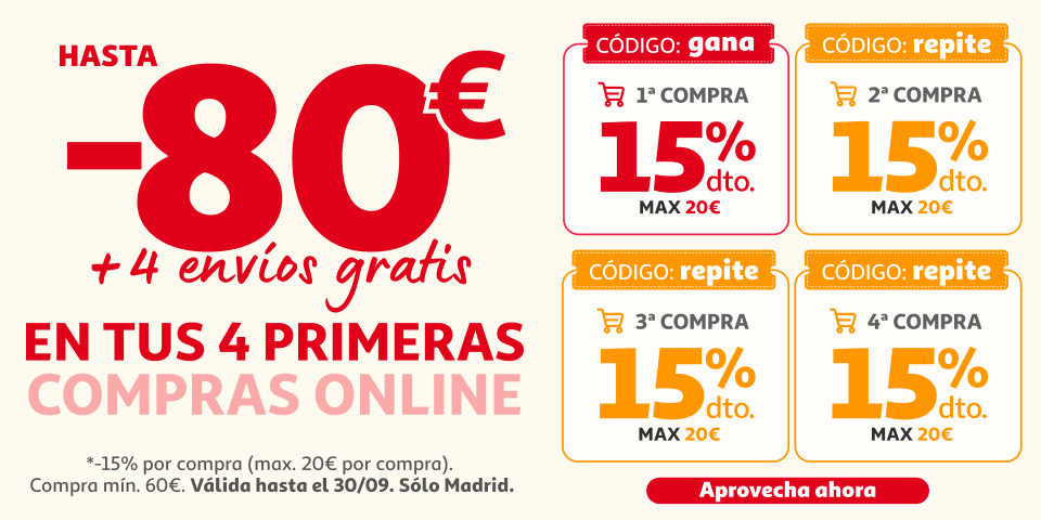 Disfruta 60€ de descuento en tus primeras compra online en Madrid y cuatro envío gratis