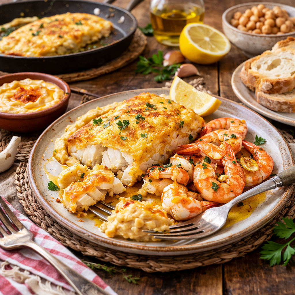 Merluza al huevo con puré de garbanzos y langostinos