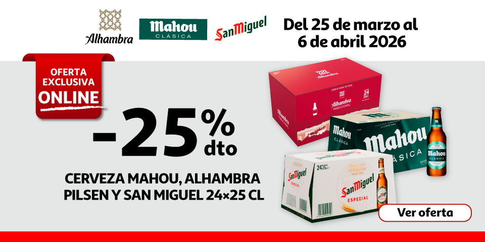 25% Dto. - Pack 24 botellas Mahou Clásica, Alhambra Pilsen o San Miguel