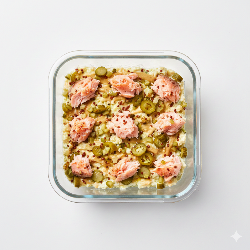 Ensaladilla de trucha asalmonada con mostaza y encurtidos