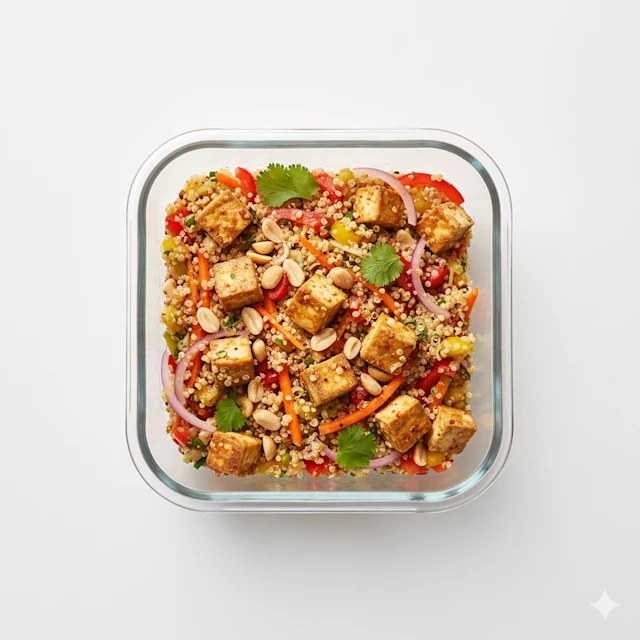 Ensalada picante de quinoa con tofu marinado y cacahuetes