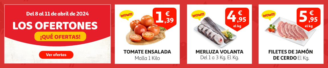 Los Ofertones del 9 al 11 de abril - JAMON DE CERDO FILETES - 5,95/KG / MERLUZA VOLANTA 1-3 KG - 4,95/KG / TOMATE ENSALADA MALLA 1KG  1,39€