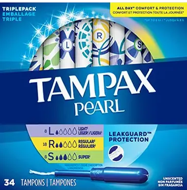 Tampax Pearl, L, R et S, emballage de tampons