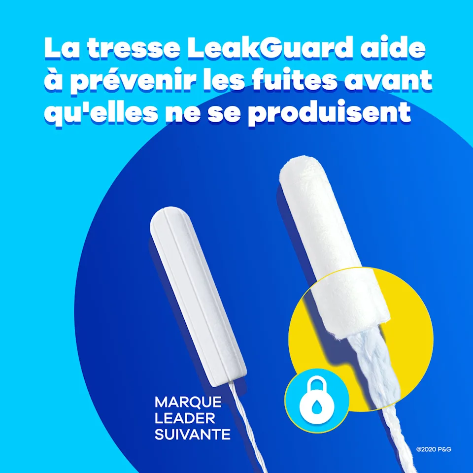 A tampon on a blue background with text "leakguard skirt helps stop leaks before they happen" 
