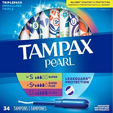 Tampax Pearl, S, S et U, emballage de tampons