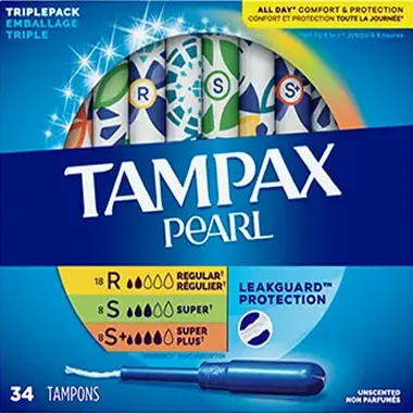 Tampax Pearl, R, S et S+, emballage de tampons