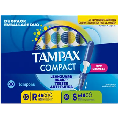Tampax Compact, R et S, emballage de tampons