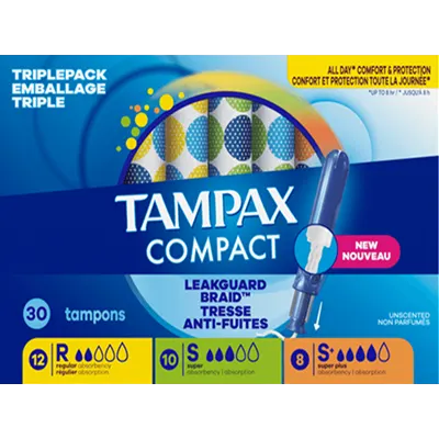 Tampax Compact, R, S et S+, emballage de tampons