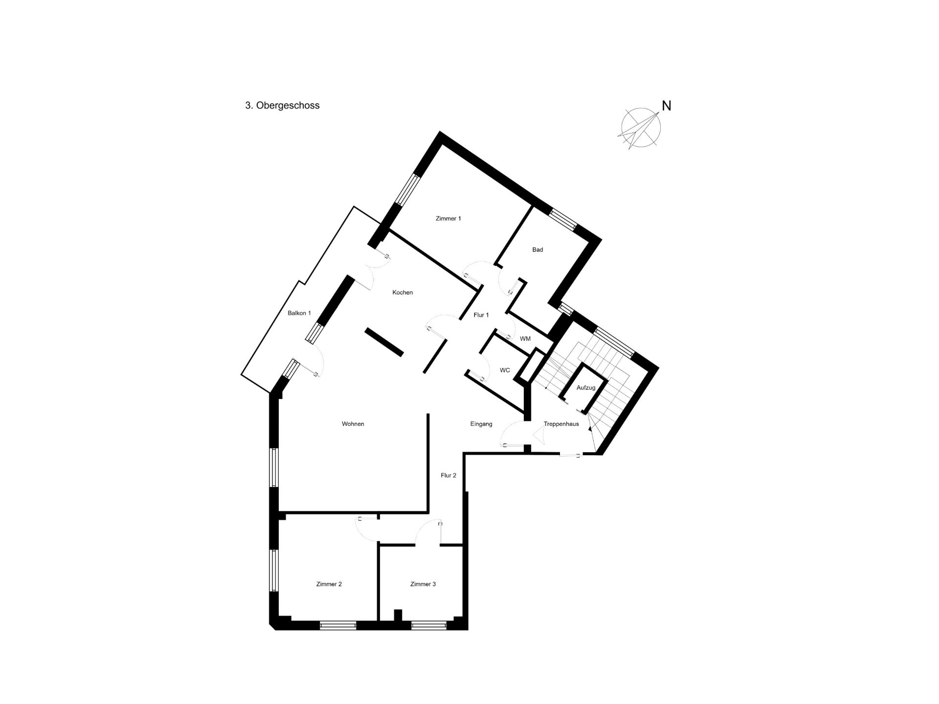 Grundriss eines Obergeschosses mit mehreren Zimmern, Küche, Bad, Balkon und Treppenhaus.