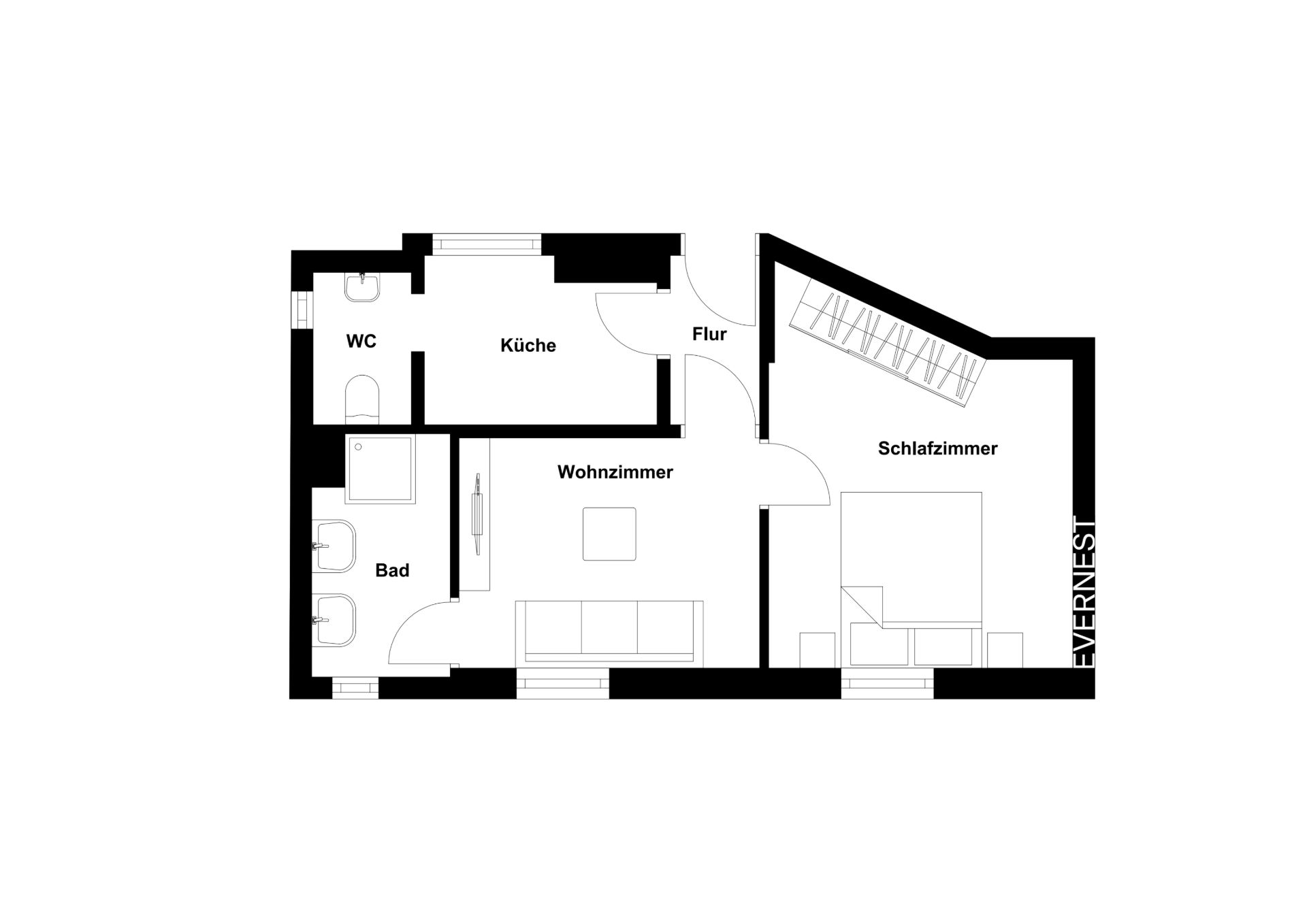 Grundriss einer Wohnung mit Wohnzimmer, Schlafzimmer, Bad, WC, Küche und Flur.