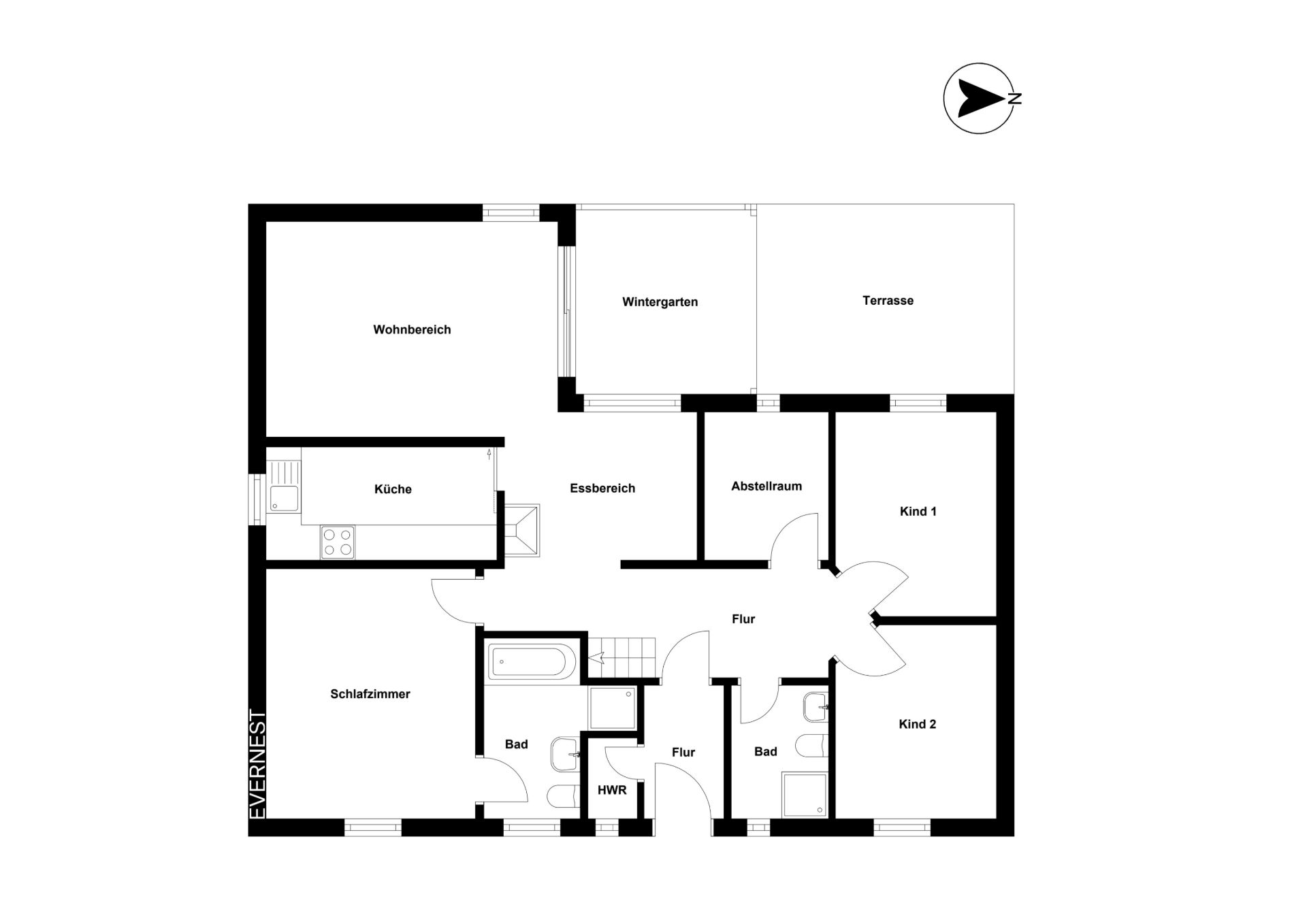 Grundriss einer Wohnung mit Wohnbereich, Küche, Schlafzimmer, zwei Bädern, Wintergarten und Terrasse.