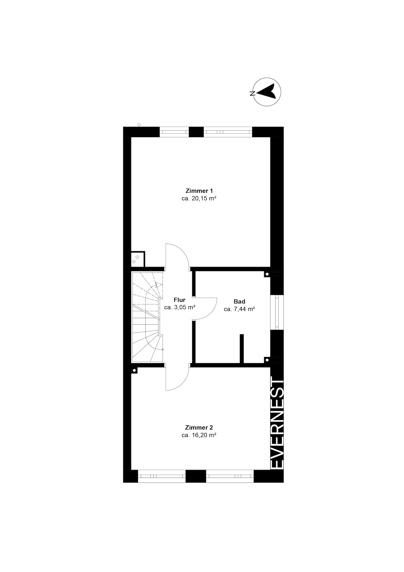 Grundriss mit zwei Zimmern, Bad und Flur. Zimmer sind jeweils beschriftet mit Quadratmetern.